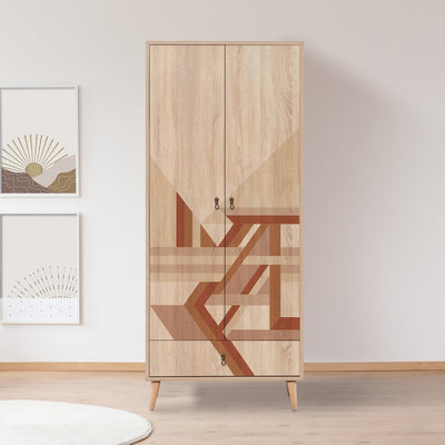 armadio per camera singola da cm 80 con 2 ante e cassetto in legno colore quercia decorazione geometrica