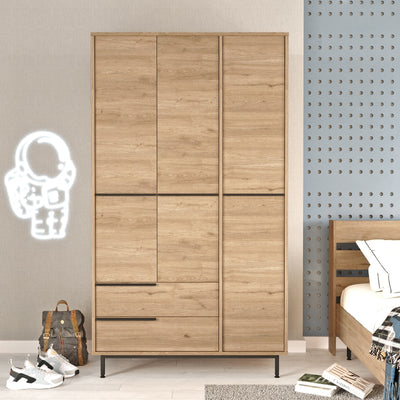 armadio camera 3 ante 2 cassetti con appendiabiti e vani in legno colore noce gambe in metallo