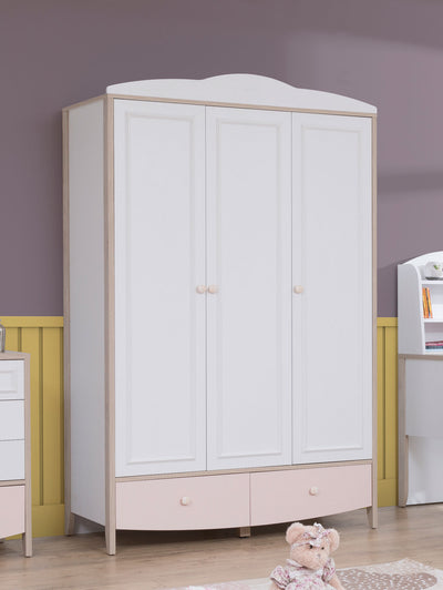 armadio 3 ante con 2 cassetti per cameretta bambina in legno bianco e rosa