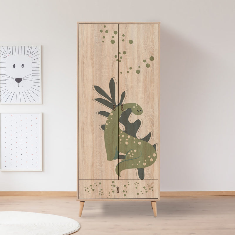 armadio per cameretta bambini in legno naturale decorazione con dinosauro