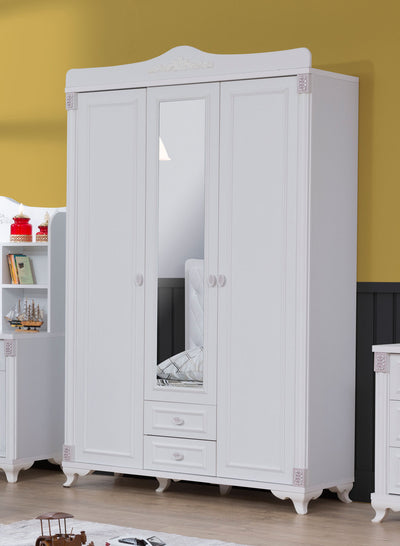 armadio da camera stile classico in legno bianco con cassetti e specchi centrale decorazioni in rilievo