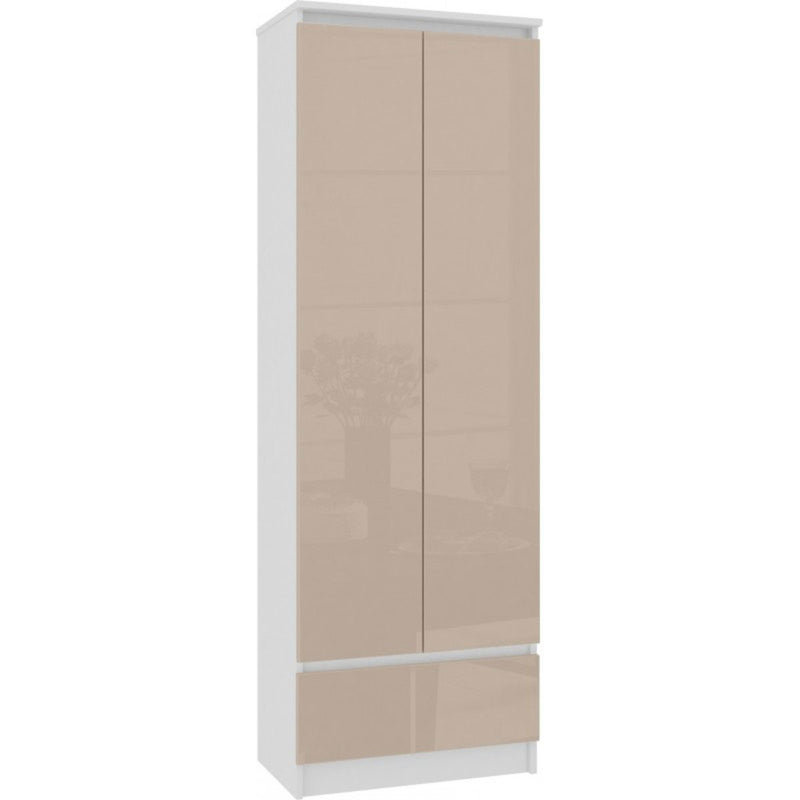 armadio moderno 2 ante e cassetto inferiore frontali colore cappuccino lucido struttura bianco opaco
