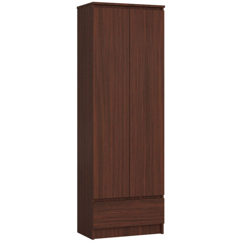 armadio moderno 2 ante e cassetto con ripiani in legno colore wengè
