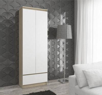 mobile armadio con ripiani interni cassetto e 2 ante in legno struttura bianco opaco e frontali larice