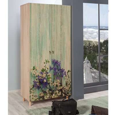 armadio da camera 2 ante battenti in legno colore quercia con decorazione floreale