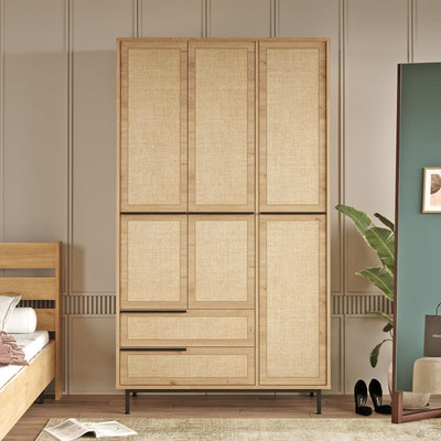 armadio moderno 3 ante e 2 cassetti in legno naturale decorazioni effetto juta stampata