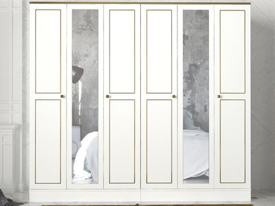 armadio da camera classico 6 ante battenti 2 specchi in legno colore bianco e oro