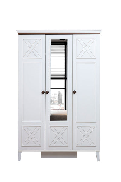 armadio da camera 3 ante con specchio in legno bianco con dettagli colore noce ante con serigrafie a croce