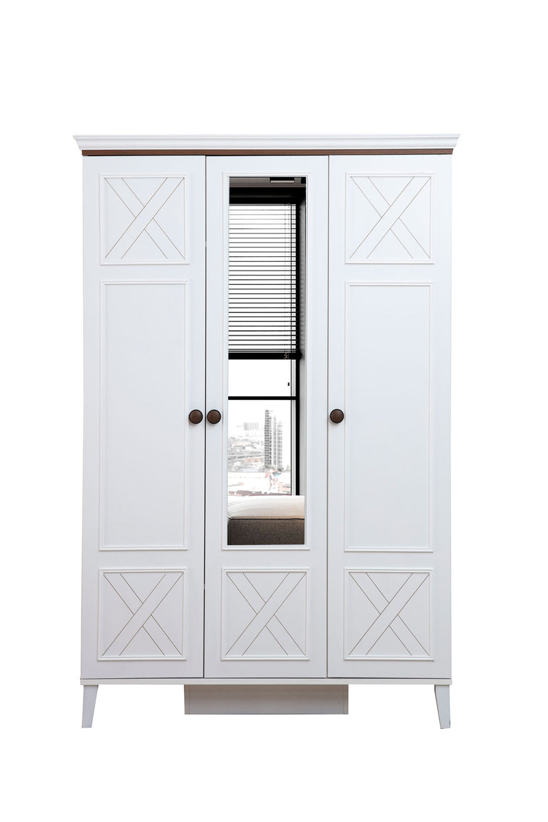 armadio da camera 3 ante con specchio in legno bianco con dettagli colore noce ante con serigrafie a croce