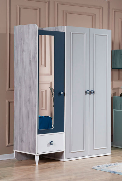 armadio 3 ante con specchio in legno grigio e blu per cameretta 