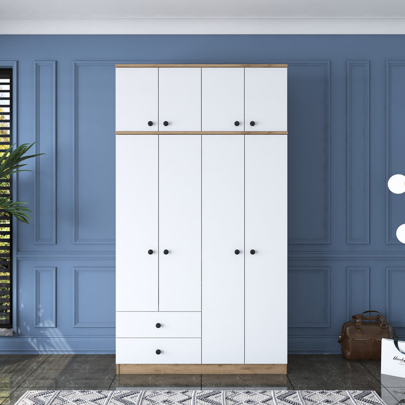 armadio moderno 6 ante con cassetti colore bianco e noce
