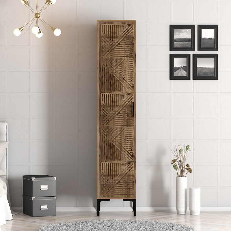 armadio a colonna da ingresso in legno colore noce 1 anta decorata con trama geometrica
