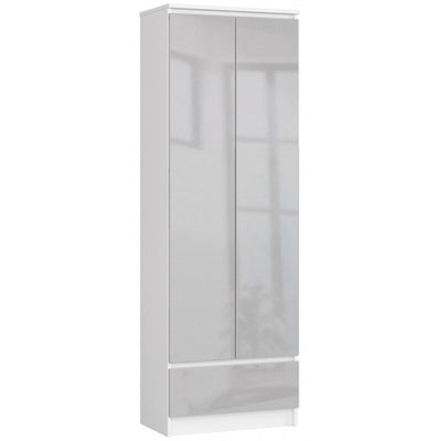 armadio multiuso in legno 2 ante e cassetto bianco opaco e ante grigio lucido