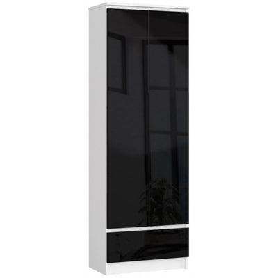 armadio con 2 ante in legno nero lucido con cassetto frontali nero  struttura bianco opaco