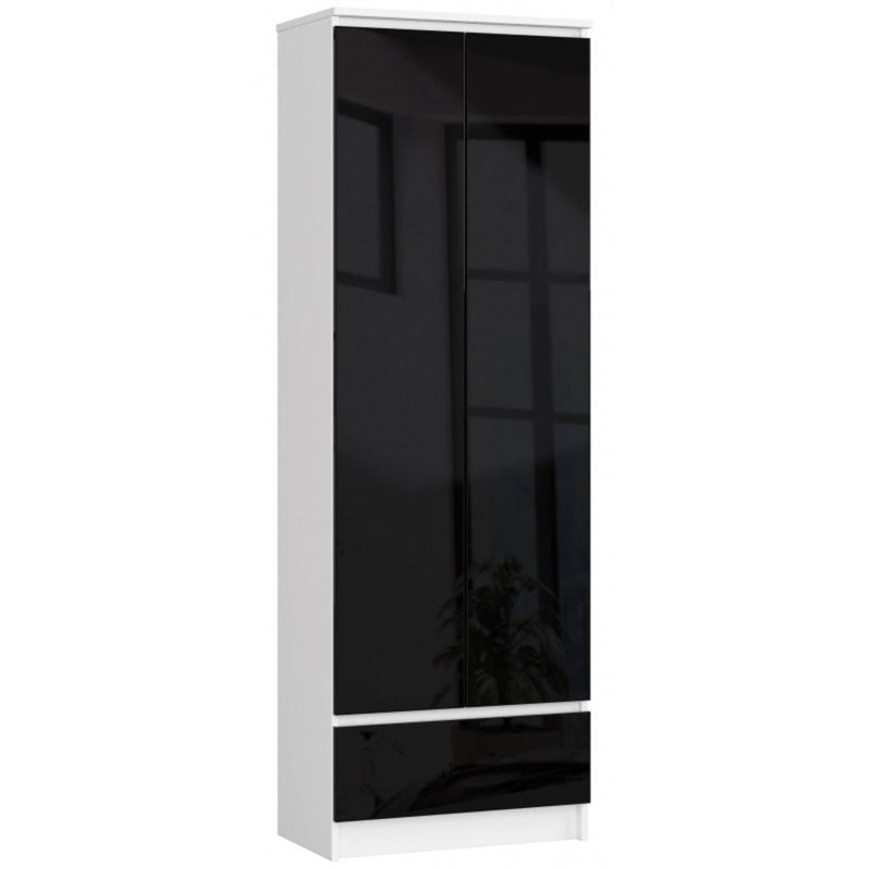 armadio con 2 ante in legno nero lucido con cassetto frontali nero  struttura bianco opaco
