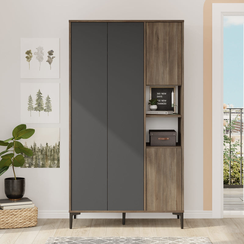 Mobile per ingresso armadio alto a 4 ante e 2 vani a giorno, 7 scomparti interni totali con asta appendiabiti. Dimensioni cm 105x50x190h. 2 colori disponibili, antracite opaco e wengé opaco e antracite opaco e quercia chiaro opaco