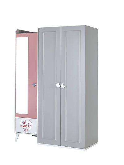 Armadio per cameretta bambina con 3 ante in legno grigio e rosa cm 135x59x200h