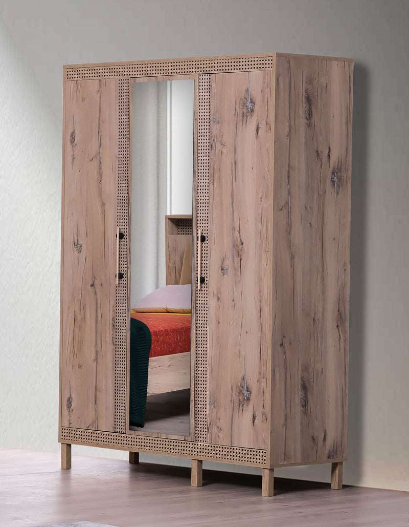 armadio da camera cm 134 con 3 ante e specchio centrale in legno colore quercia con serigrafie effetto paglia di Vienna