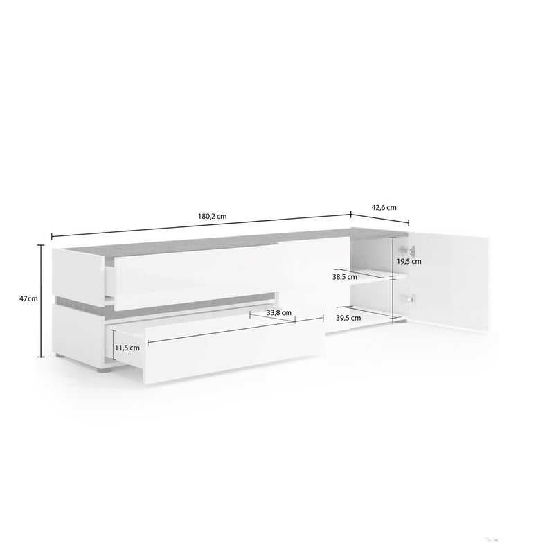 Base tv moderna bianco lucido e ardesia 2 cassetti e 2 ante cm 180x43x47h