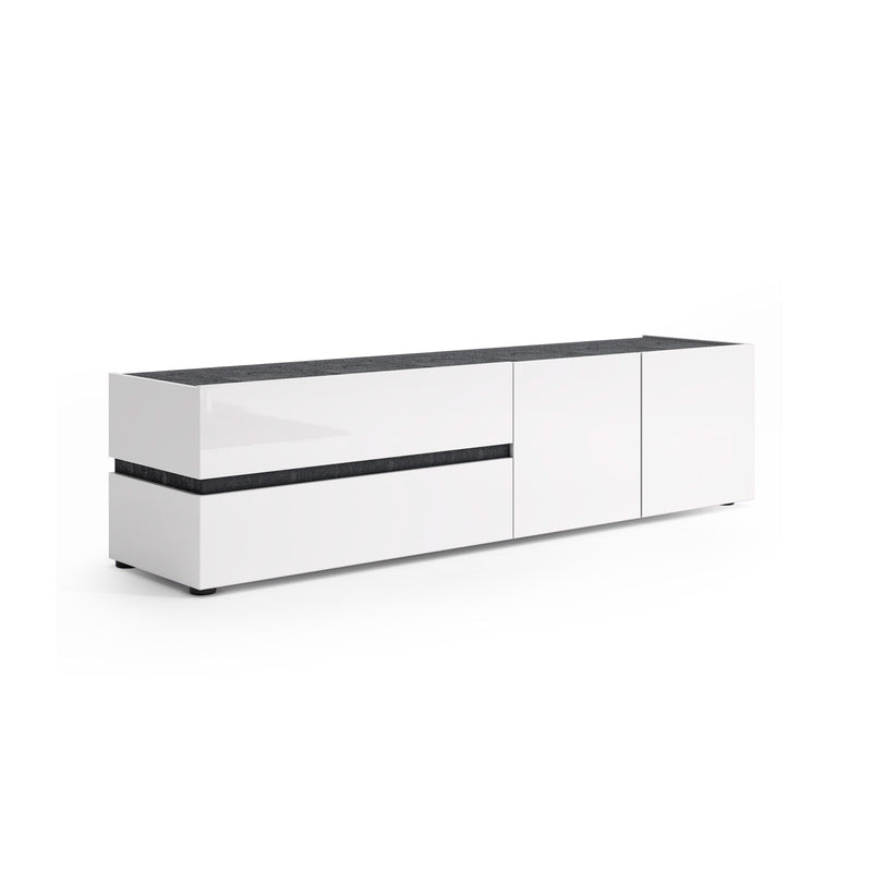 mobile basso porta tv moderno bianco lucido e ardesia con 2 cassetti e 2 ante
