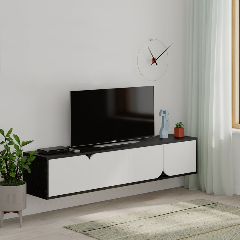 Base porta tv sospesa 4 ante moderna effetto marmo nero e bianco cm 180x35x35h