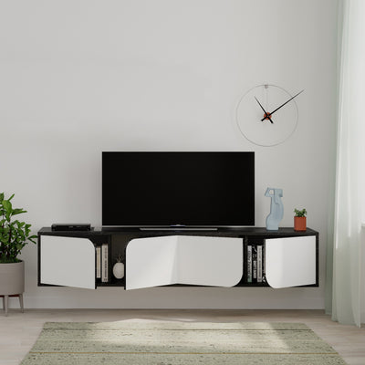 Base porta tv sospesa 4 ante moderna effetto marmo nero e bianco cm 180x35x35h