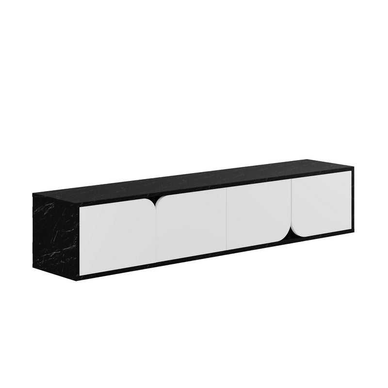 Base porta tv sospesa 4 ante moderna effetto marmo nero e bianco cm 180x35x35h