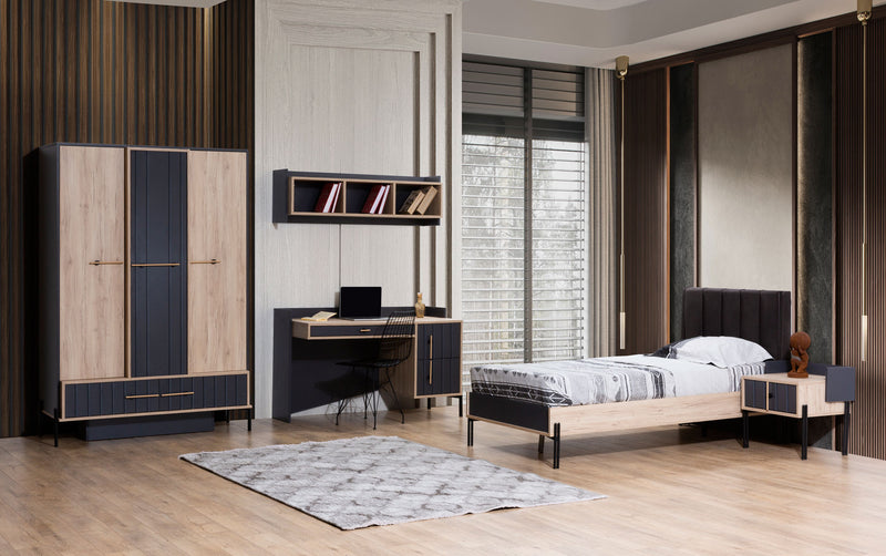 camera singola completa con armadio letto comodino scrivania e mensola in legno colore quercia e antracite stile industriale