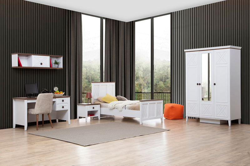 camera singola completa con armadio letto comodino scrivania e pensile in legno bianco e noce