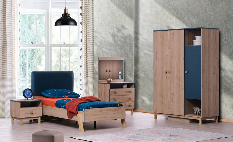 camera moderna completa singola con armadio letto comodino comò con specchio in legno quercia e blu