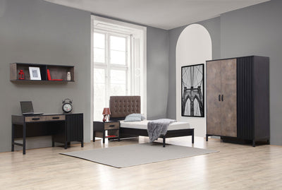 camera completa con armadio letto comodino scrivania in legno rovere nero e bronzo testata letto in similpelle marrone