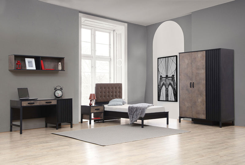 camera completa con armadio letto comodino scrivania in legno rovere nero e bronzo testata letto in similpelle marrone