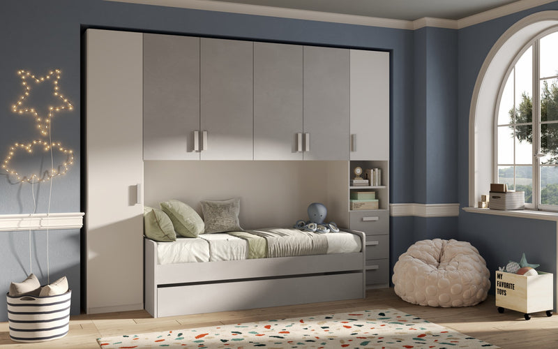 Armadio a ponte 6 ante e 3 cassetti con doppio letto estraibile bianco e grigio cm 240x55x294h