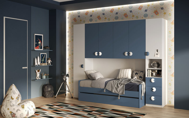 Cameretta con armadio a ponte 6 ante 3 cassetti con doppio letto estraibile blu e bianco cm 240x55x294h