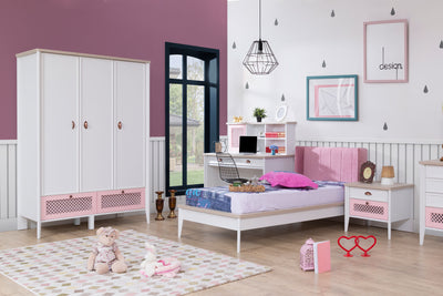 cameretta completa da bambina in legno bianco rovere e rosa testiera letto rivestita in tessuto