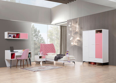 cameretta singola completa con armadio letto comodino scrivania e pensile in legno rosa e bianco