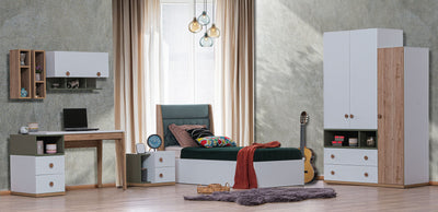 cameretta moderna completa con armadio 3 ante letto singolo comodino scrivania e pensile in legno bianco verde e rovere