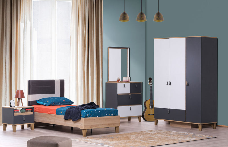 cameretta moderna completa con armadio 3 ante letto comodino comò con specchio in legno rovere antracite e bianco