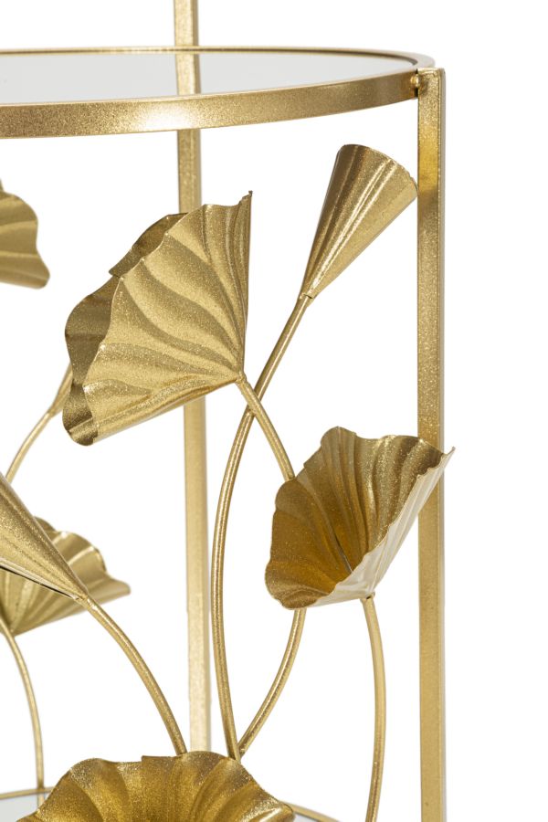 Carrello rotondo in metallo dorato con foglie piani con specchio cm 60x46x76h