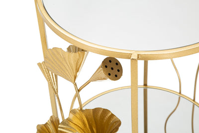 Carrello rotondo in metallo dorato con foglie piani con specchio cm 60x46x76h