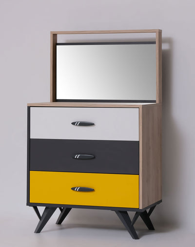 cassettiera da cameretta 3 cassetti in legno giallo bianco e rovere con specchio