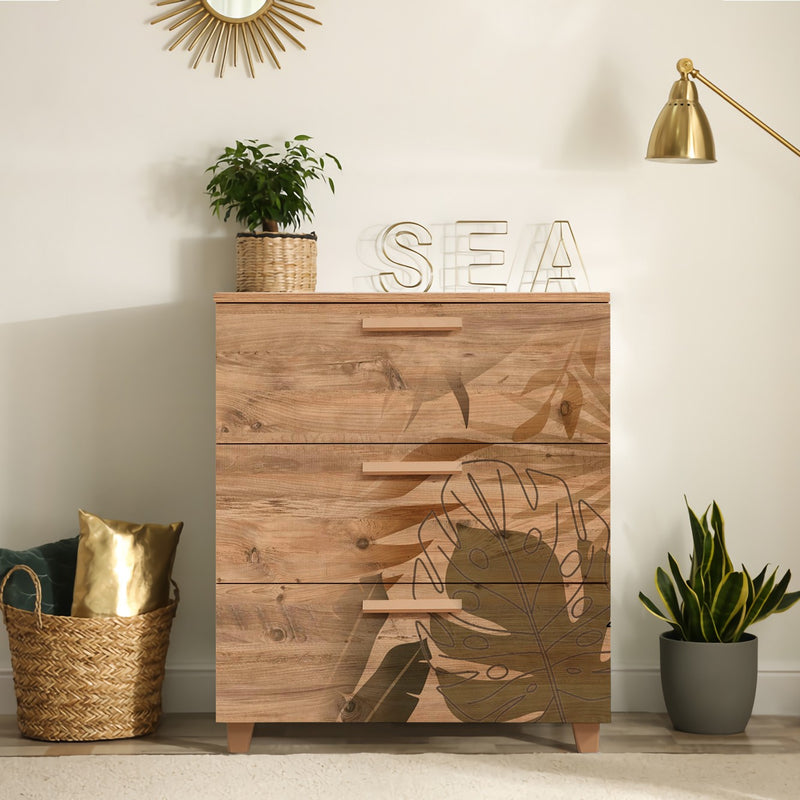 cassettiera in legno naturale tre cassetti con fantasia foglie foresta