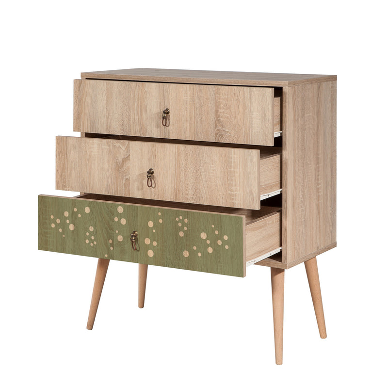 Cassettiera 3 cassetti da cameretta con decorazione colore verde cm 80x40x90h