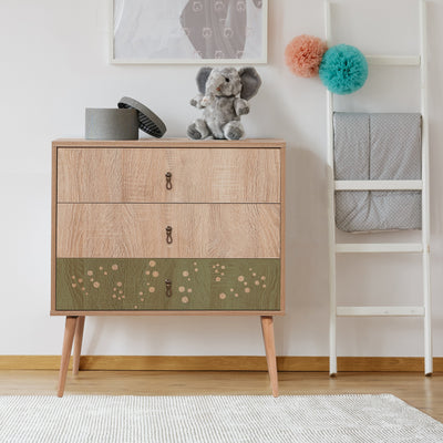 cassettiera moderna con 3 cassetti in legno colore quercia con fantasia colore verde