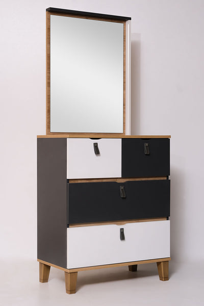 cassettiera da camera 4 cassetti moderna con specchio in legno colori alternati antracite bianco e rovere cadiz