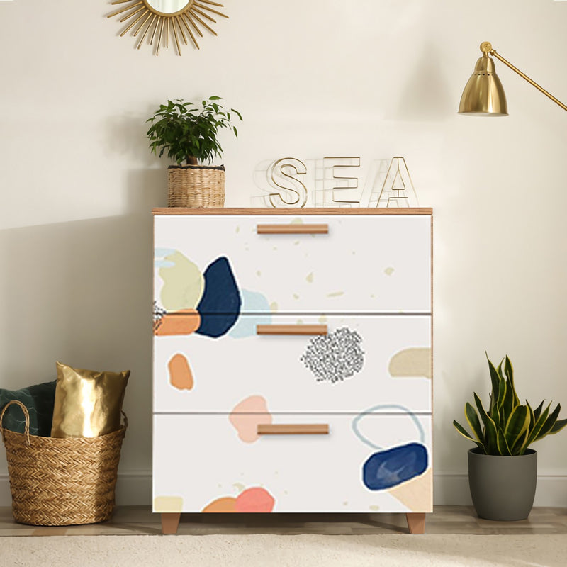 Cassettiera moderna per cameretta naturale e bianco fantasia colorata cm 80x43x95h