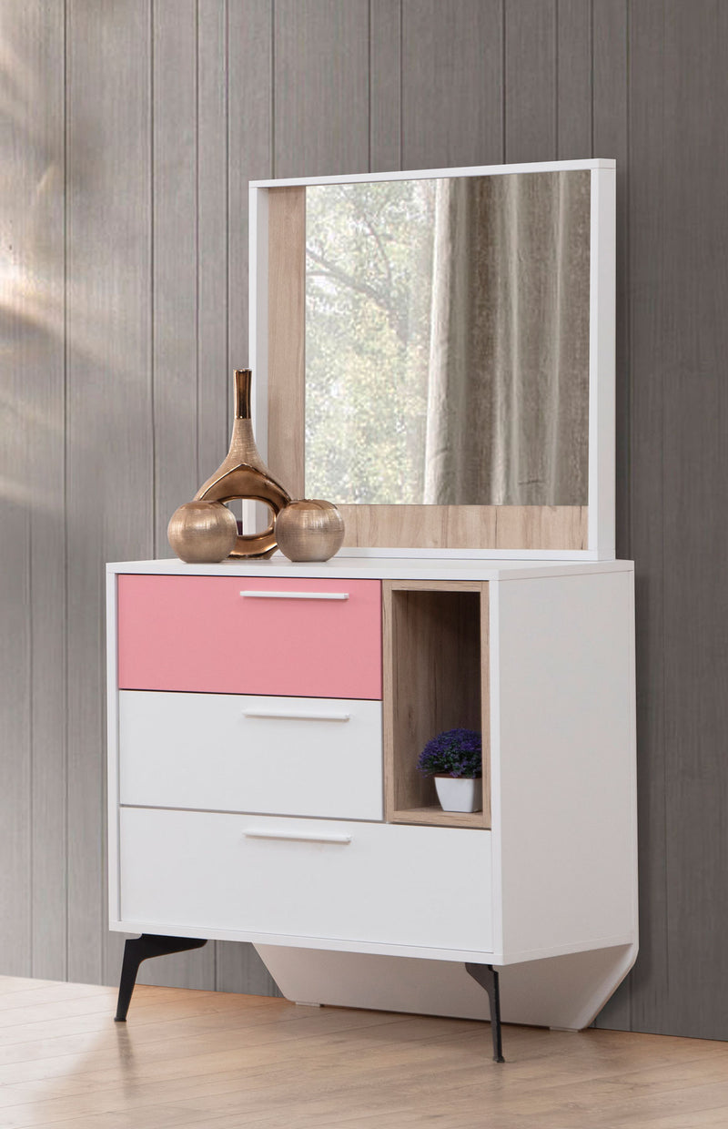 cassettiera moderna per cameretta con 3 cassetti e vano con specchio in legno rosa e bianco
