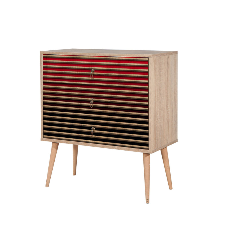 Cassettiera in legno 3 cassetti colore quercia con decorazione a righe cm 80x40x90h