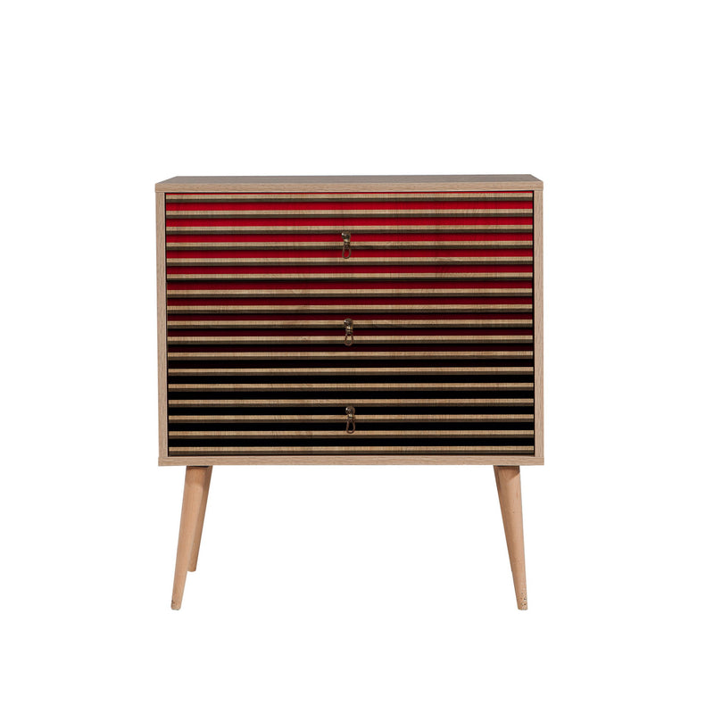 Cassettiera in legno 3 cassetti colore quercia con decorazione a righe cm 80x40x90h