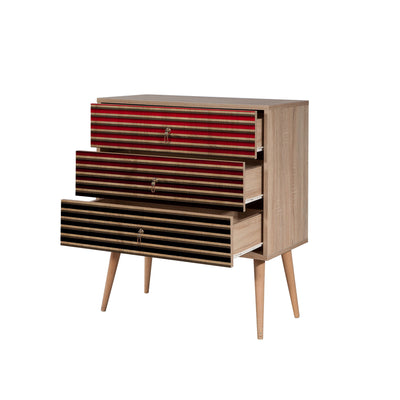 Cassettiera in legno 3 cassetti colore quercia con decorazione a righe cm 80x40x90h